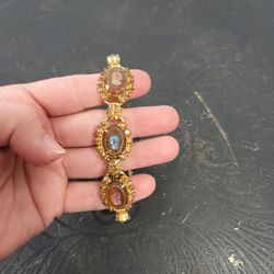 Juliana Delizza & Elster 1960s Topaz  Rhinestone and Gold Tone Cameo Bracelet