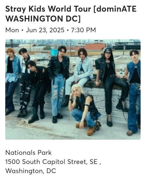 🎶 Stray Kids DC Nationals Park Ticket – Aisle Seat, Great View! (Sec 109, Row DD)