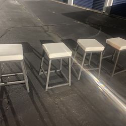 Set Of 4 White Leather Stools
