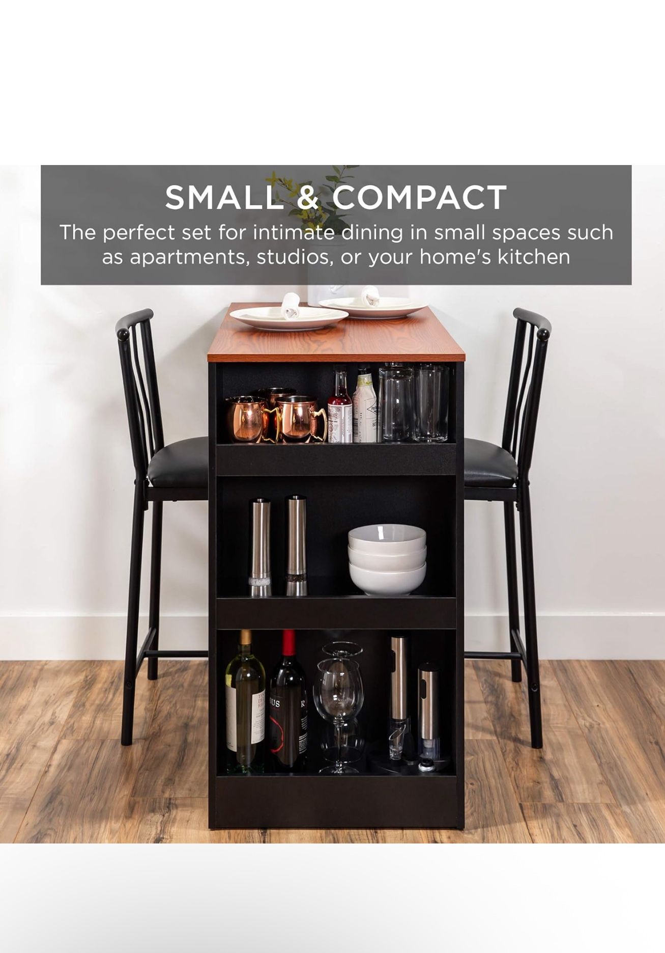 Best Choice Products 3-Piece 36in Wooden Counter Height Dining Table Set for Kitchen, Dining Room w/Storage Shelves, Metal Frame, 2 Barstools - Espres