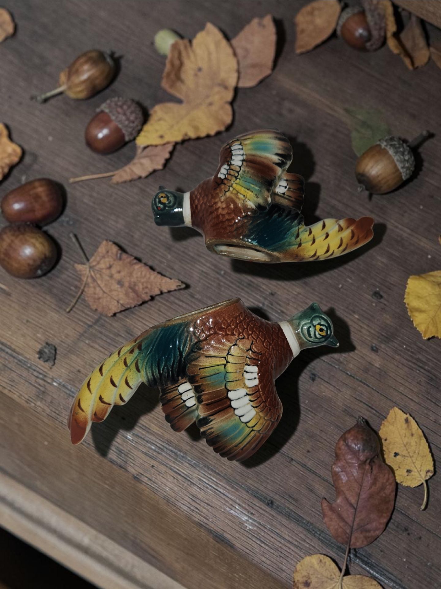 vintage pheasant wall pockets or hanging figurines, likely dating from the 1930s to 1950s