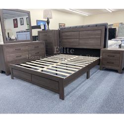 Queen Gray Bedroom Set ( Bed Frame, Dresser,mirror And One Nightstand ) 