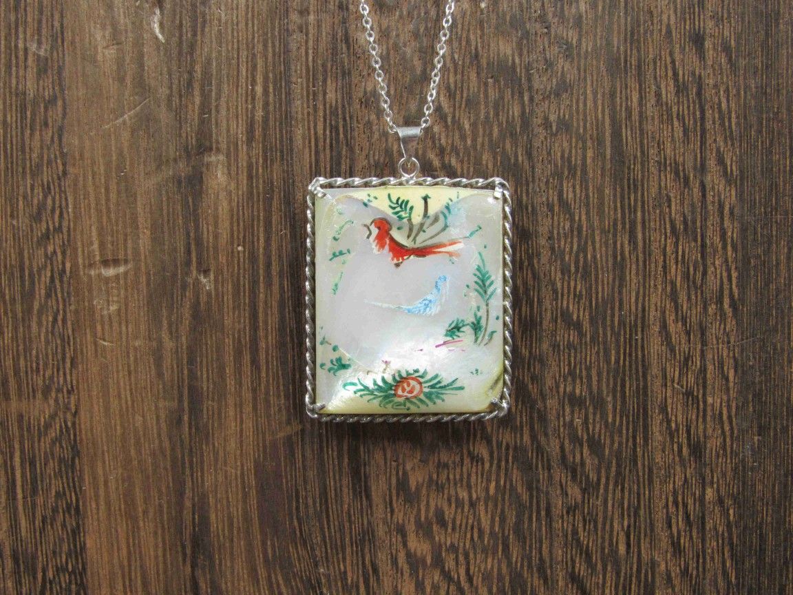 22" Sterling Silver Handmade Worn Shell Bird Pendant Necklace Vintage