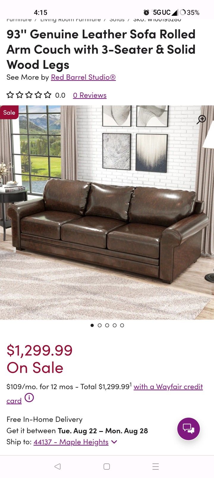 Brand New 93'' Genuine Leather Sofa