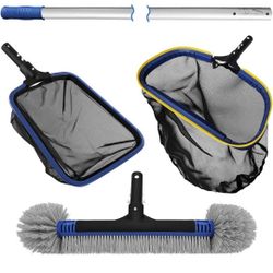 Poolvio Pool Cleaning Kit, 5-in-1 Swimming Pool Cleaning Tools, Includes Semi-Deep Pool Skimmer Net, Aluminum Frame Leaf Rake, 20” Pool Brush with 13f