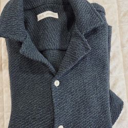 ZARA Dark Blue Green Knit Cardigan Sweater Collared Button Short Sleeve Size S