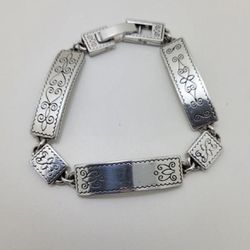 BRIGHTON Silver Tone Etched Bar Panel Links Bracelet