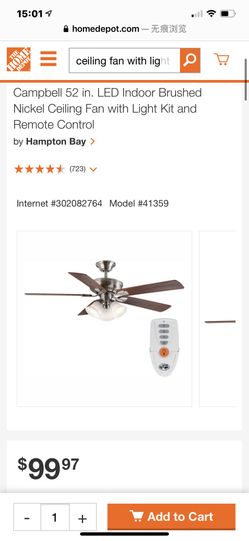Campbell 52 in. LED Indoor Brushed Nickel Ceiling Fan with Light Kit and Remote Control