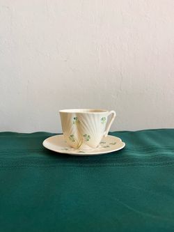 Belleek Harp and Shamrock Cup and Saucer Set (Green Mark 6)