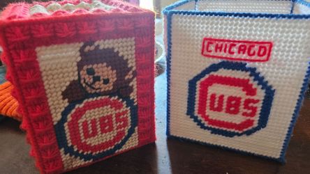 MLB, CHICAGO CUBS: (×2) DIFFERNT CUSTOM MADE CUBS TISSUE BOXES, FIRM.