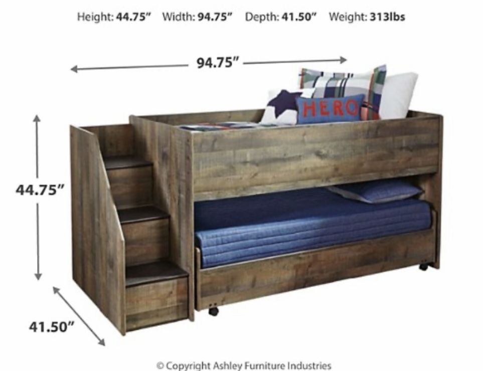 Signature Design by Ashley Trinell Rustic Brown Youth Twin Loft Bed with Pull-out Caster Bed (Brand New)