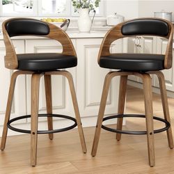 Two 26-inch rotating bar stools of Curved wooden counter height, bar chair Upholstered in modern mid-century PU leather with Back