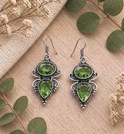 Green Peridot Silver 2” Dangle Earrings