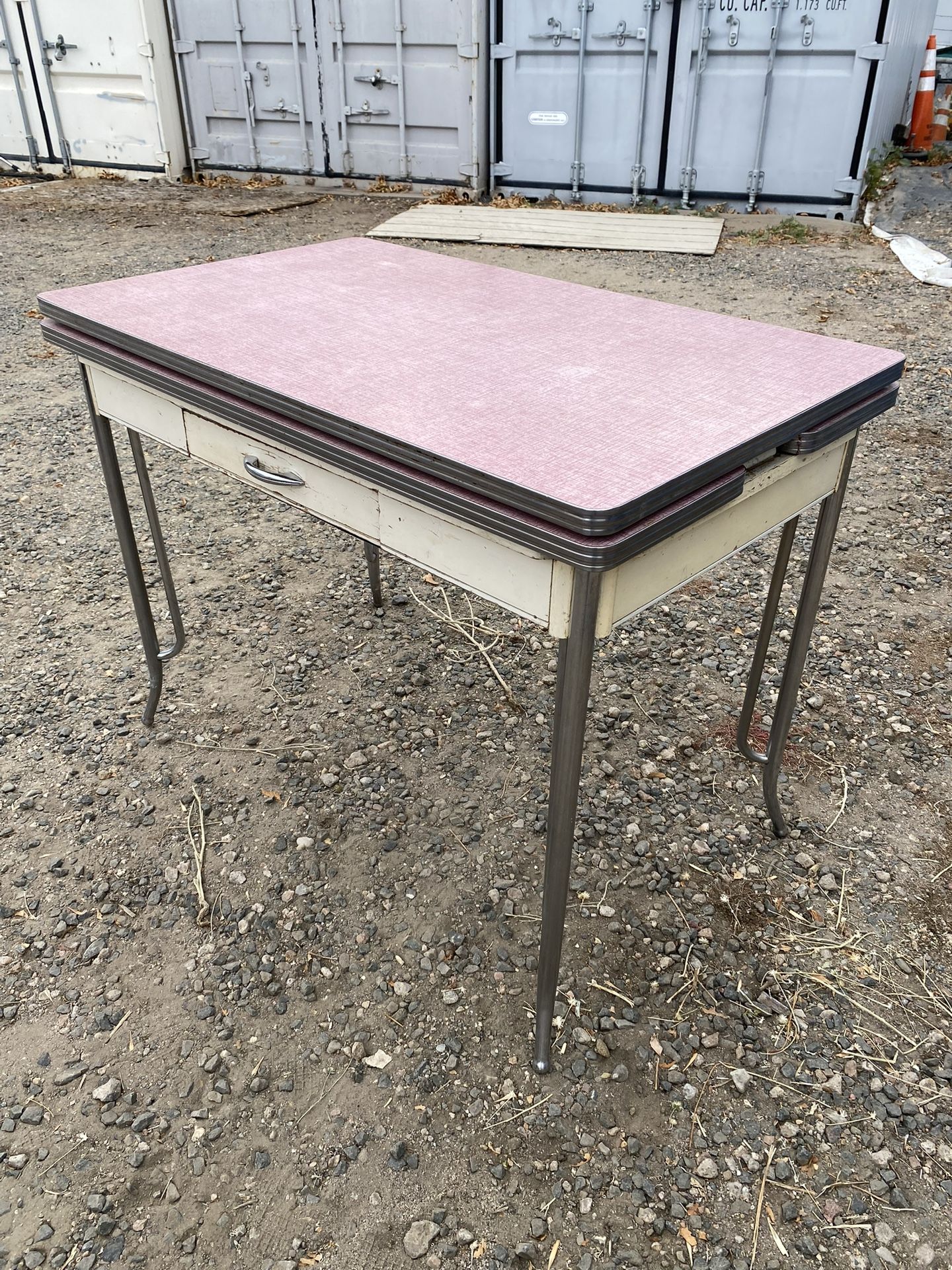 Vintage 1940s Formica Kitchen Dining Table / Desk with Pull-Out Leaves, Chrome Hairpin Legs and Drawer
