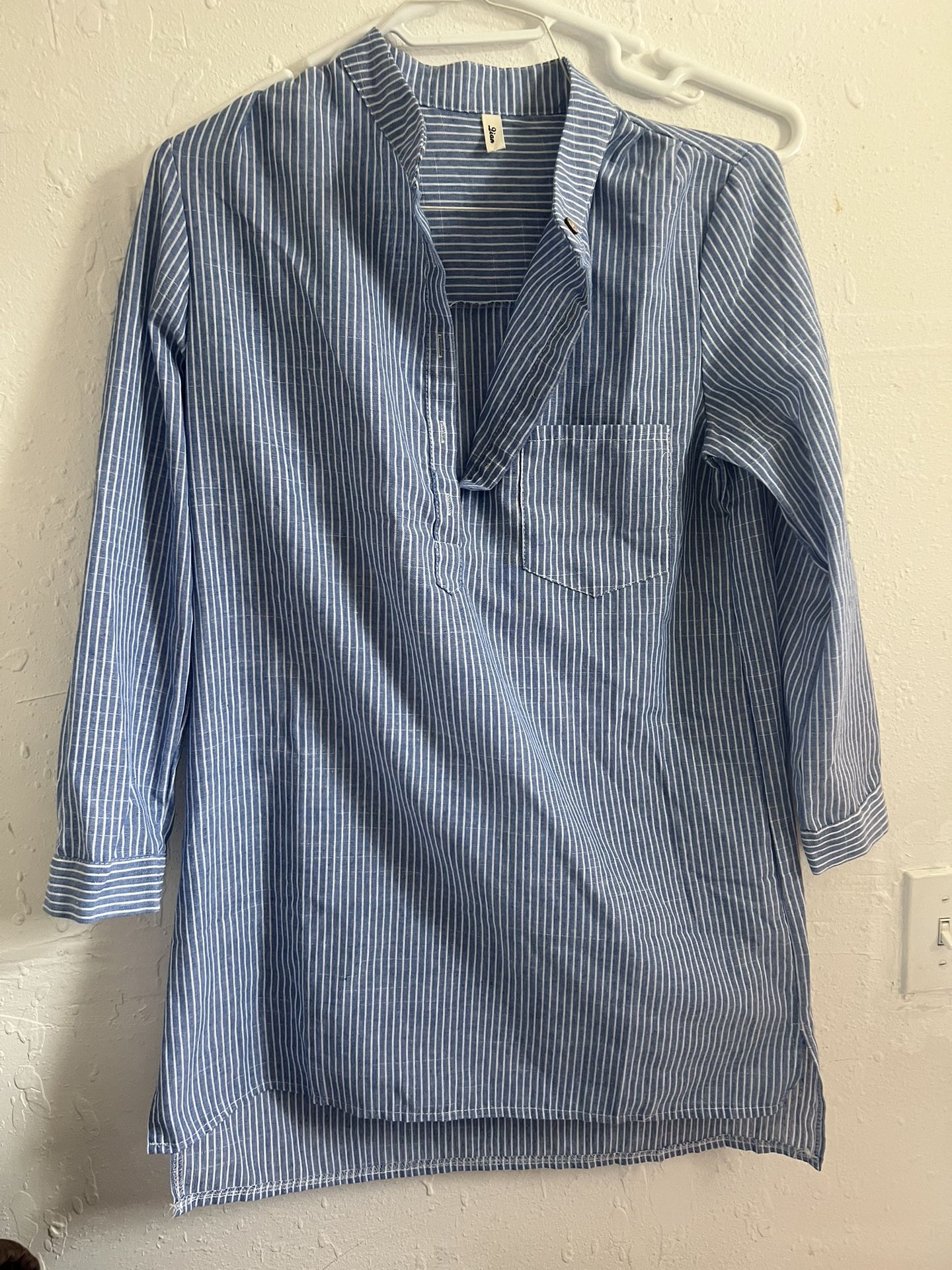 Unbranded LONG SLEEVE  BUTTON TUNIC STRIPED T Shirt Dress BLUE/WHITE linen