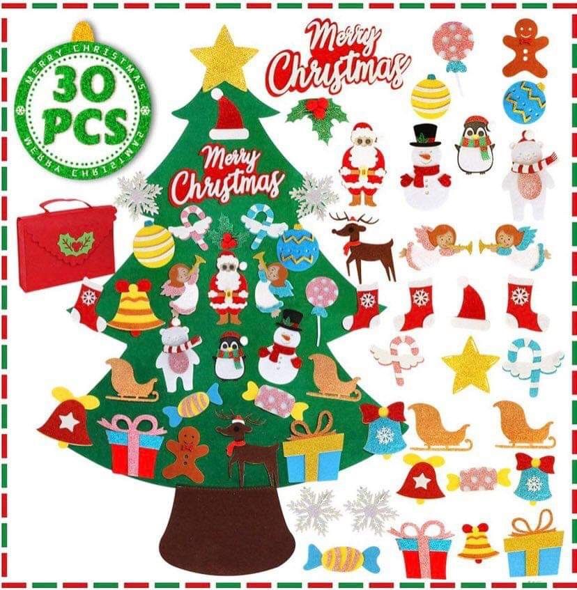  3.5 FT DIY Felt Christmas Tree Set for Toddlers, 30Pcs Glitter Ornaments for Kids Christmas Crafts, Home Door Wall Hanging Christmas Decorations, X