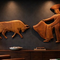 2pc Carved Wooden Wall Art Bullfighter & Bull – Large Decorative Wall Sculptures
