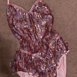New xl pink sequin fringe bodysuit lingerie costume festival rave boho 