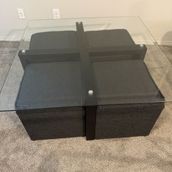 Glass Table with Four (4) Storage Ottomans