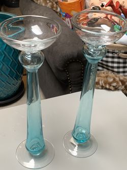 Vintage Blue With Clear Glass Candle Holders