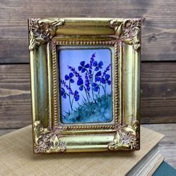 Miniature  Original Botanical  Lavender Floral Watercolor in Ornate Gold Frame (5” x 4.25”)