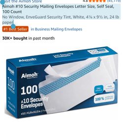 Aimoh #10 Security Mailing Envelopes Letter Size, Self Seal, 100 Count No Window, EnveGuard Security Tint, White, 4⅛ x 9½ in, 24 lb paper