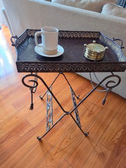 Ornate Metal Tray Table with Folding Stand