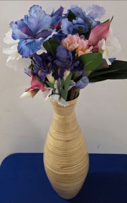 Natural Bamboo Vase w Faux Bouquet (Iris, Plumeria, Lily, Orchid) @ Lasting Creations