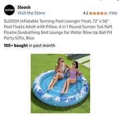 SLOOSH Inflatable Tanning Pool Lounger Float, 72" x 56" Pool Floats Adult with Pillow, Blue NEW
