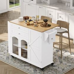 43.3" Portable Kitchen Island Cart with Drop Leaf, 3-Doors 2-Drawers Wood Rolling Storage Cart with Spice Rack and Lockable Wheels