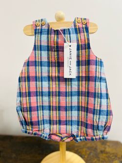 Janie and Jack Boys Linen Blend Plaid Romper NWT