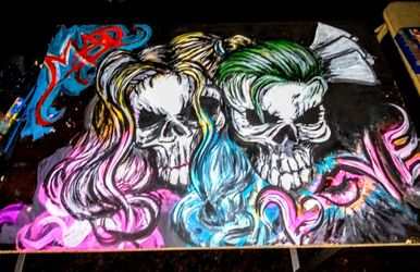 Hand Painted " The Joker And Harley Quinn Skulls Mad Love"