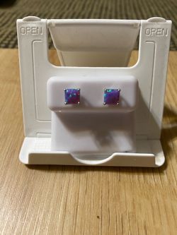 925 Sterling Silver Princess Cut Blue Purple Natural Opal Earrings