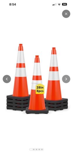 8 Pack 28" Traffic Cones with Weighted Base, Orange Reflective Strip Aids Visibility; Stackable Storage; PVC Resists Pressure and Breakage; For Parkin