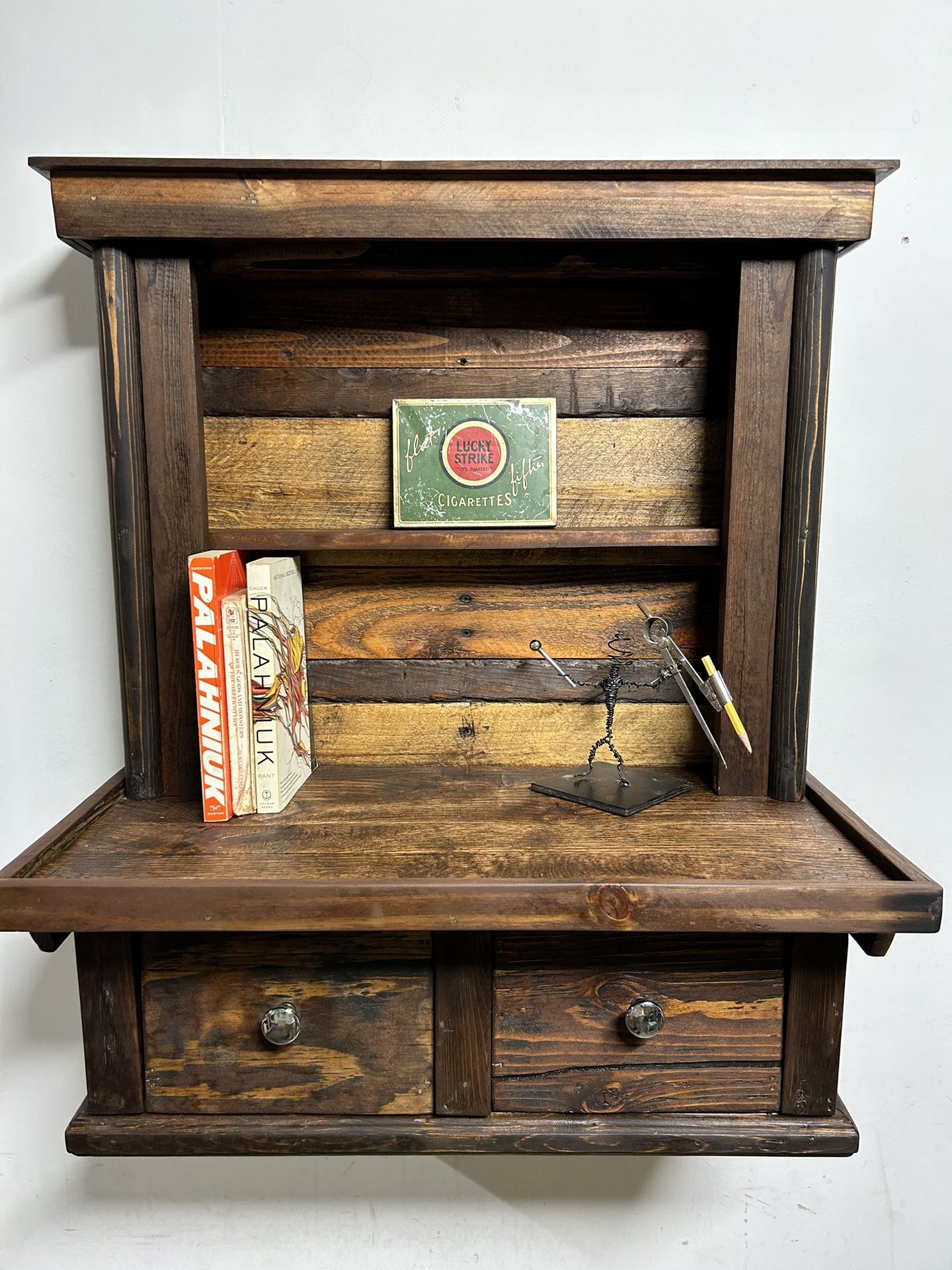 Handmade wall mounted rustic bookshelf cabinet combination