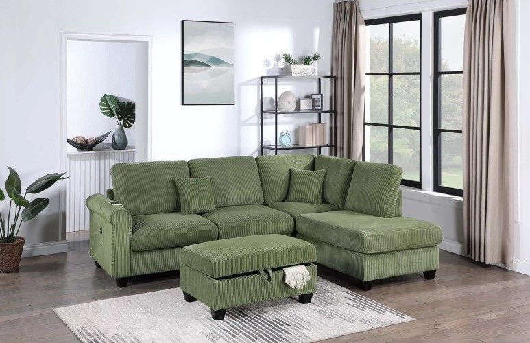 Brand New Olive Green Corduroy Sectional Sofa w Storage Ottoman
