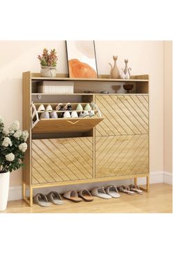 New in the box Hadulcet Hidden Shoe Cabinet with 4 Flip Drawers, Long Wood Shoe Storage Cabinet for Entryway Closet, Narrow Freestanding Shoe Rack Org