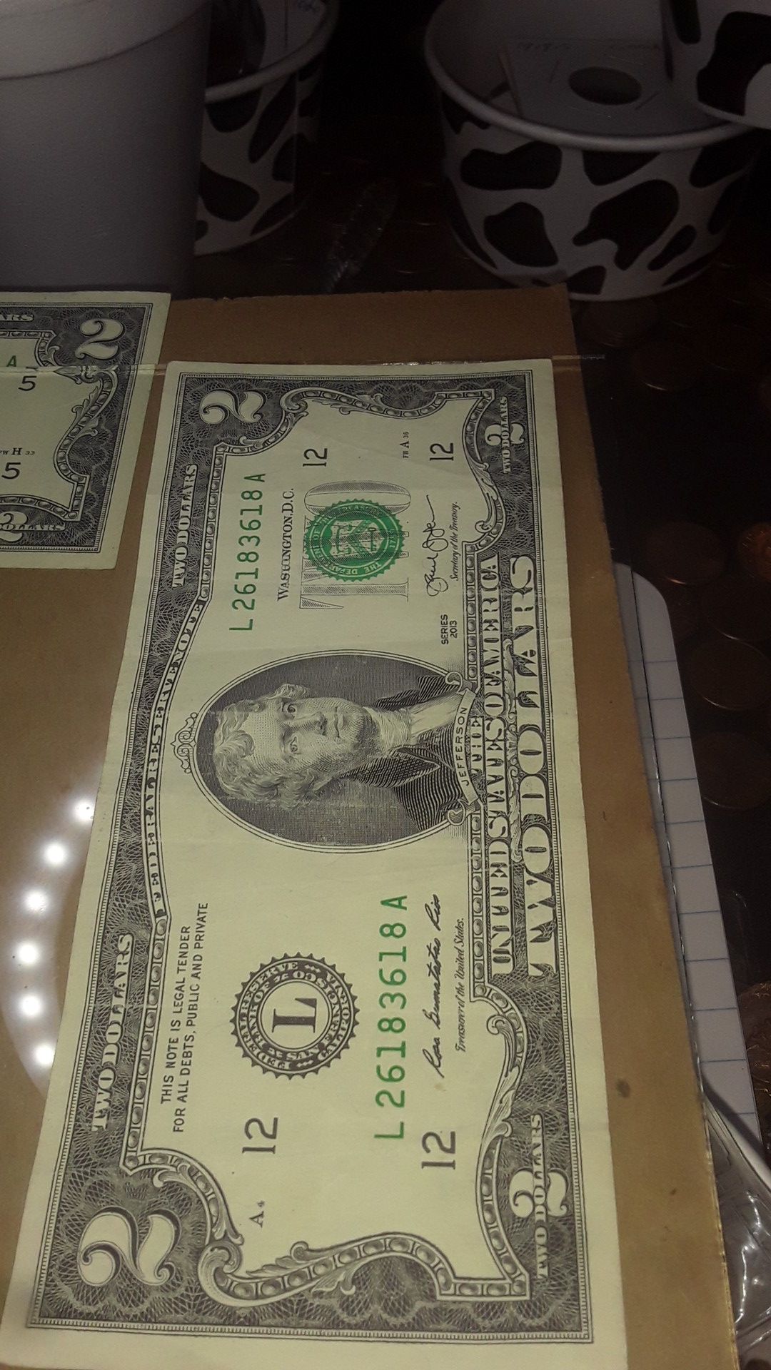 Very nice serial number 2 dolar bill 26193618
