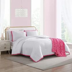 Betsey Johnson Signature Hotel Solid Comforter Bonus Set pink and white- Queen