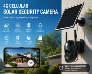 4G LTE Cellular Solar Security Camera Wireless Outdoor, No Wi-Fi Solar Powered Camera, 360° Live View, 2K Color Night Vision, PIR Motion Sensor, Two-W