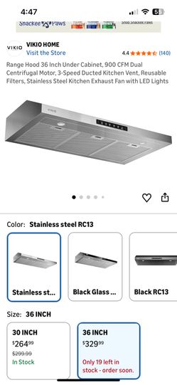 Range Hood 36 Inch Under Cabinet, 900 CFM Dual Centrifugal Motor, 3-Speed Ducted Kitchen Vent, Reusable Filters, Stainless Steel Kitchen Exhaust Fan w