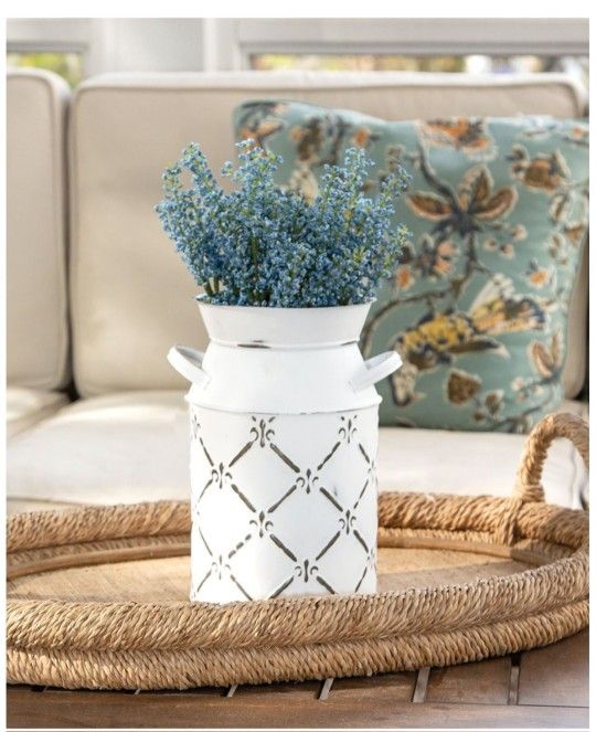 Set Of Two Whitewashed Fleur De Lis Galvanized Milk Can.