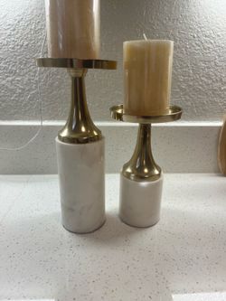 Gold & Faux Marble Candle Holders Set w/ Pillar Candles