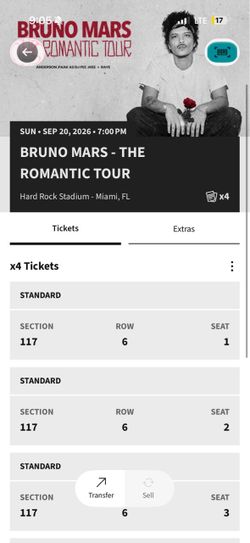 Selling 4 face value tickets to Bruno Mars tonight, September 20th (9/20) at Hard Rock Stadium in Miami. The seats are in Section 117 Row 6 (actual fi