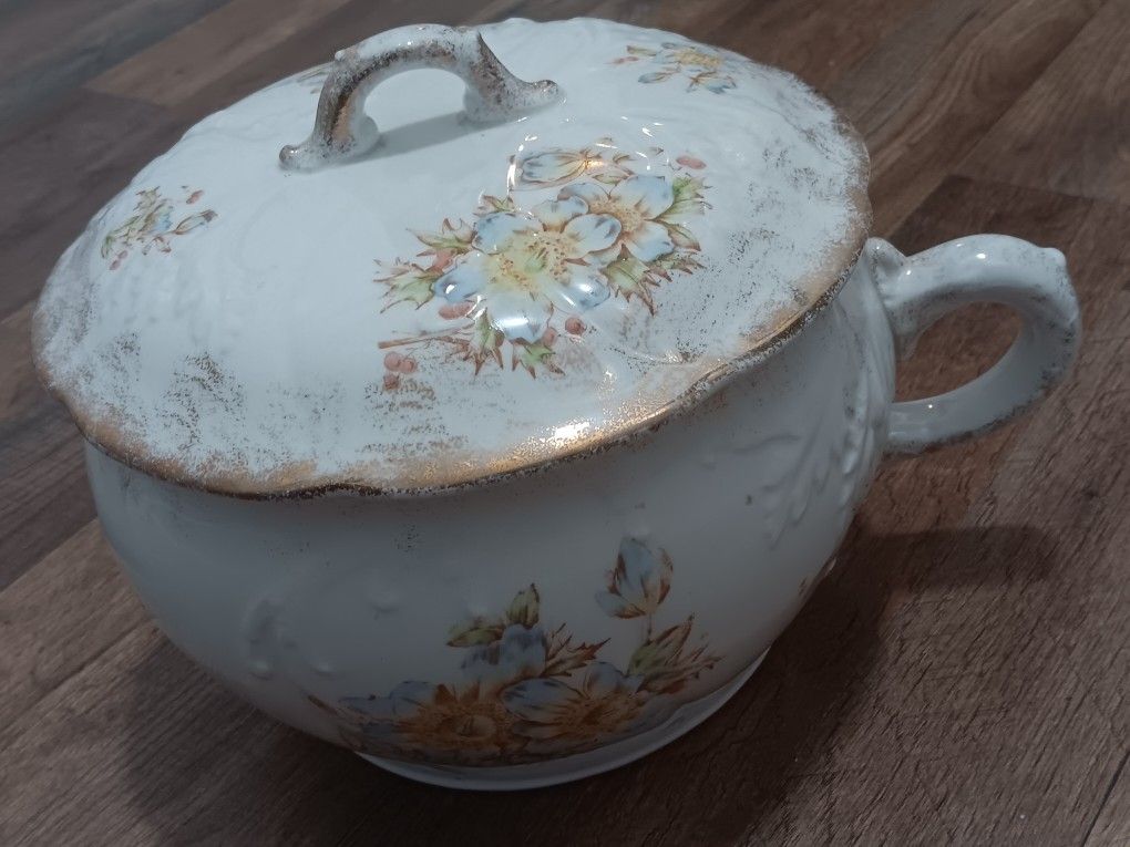 1800's Chamber Pot w/ Original Lid Beautiful Florals Hand-Tinted Designs