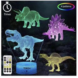 Dinosaur Toys, Dinosaur Gifts for Boys 7 Colors Changing 3D Dinosaur Night Light (4 Patterns) with Timer & Remote Control & Smart Touch, Gifts for Boy