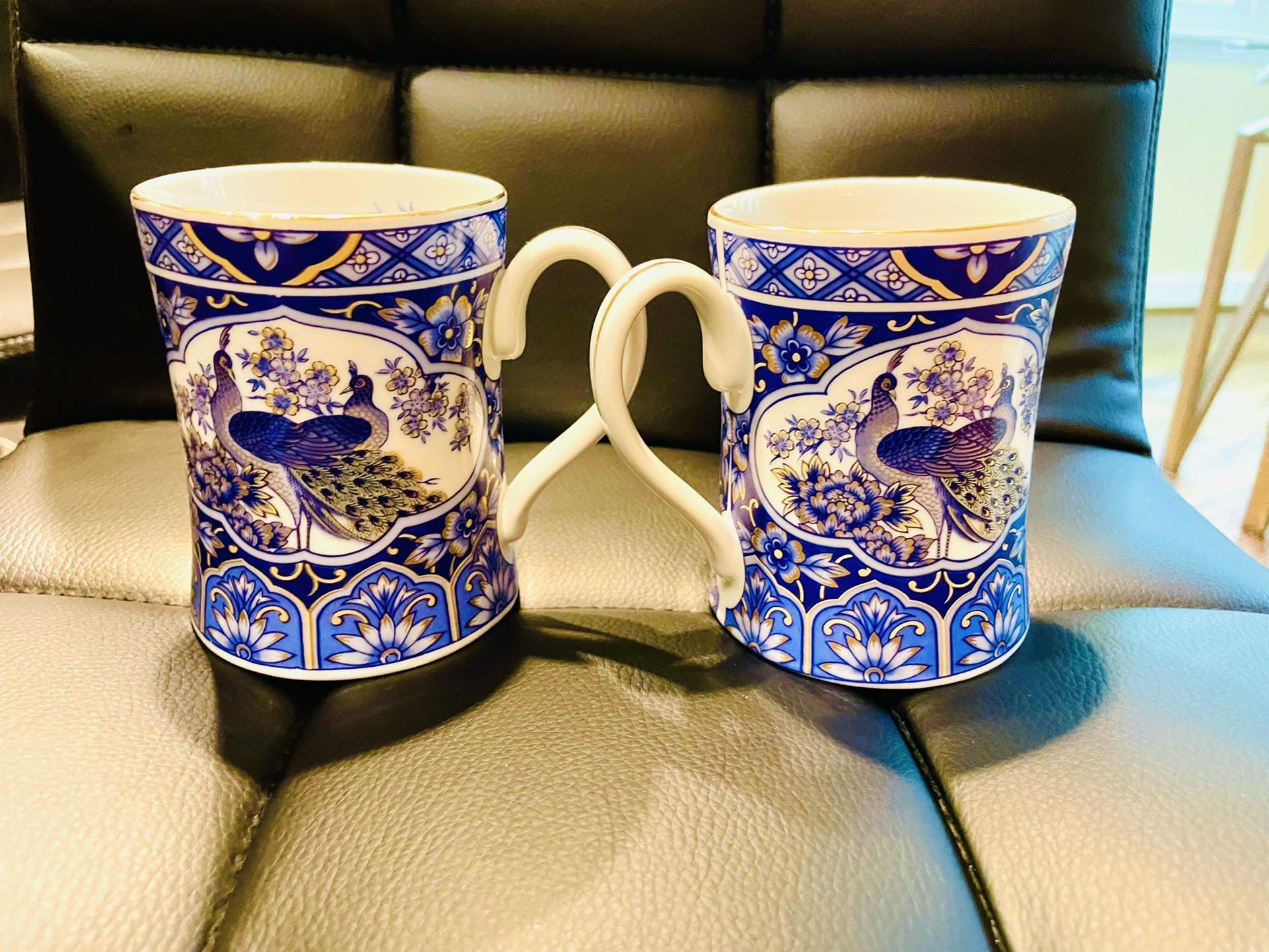 2 Imperial Peacock Blue & Gold Mugs set @1983 collectable Arnart Imports Japan Vintage Collectors collection cups