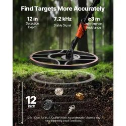 23& Waterproof Metal Detector, 12", Professional High Accuracy Gold Detector for Adults, with Display, Wireless Headphones, 7 Modes, Adjustable Length