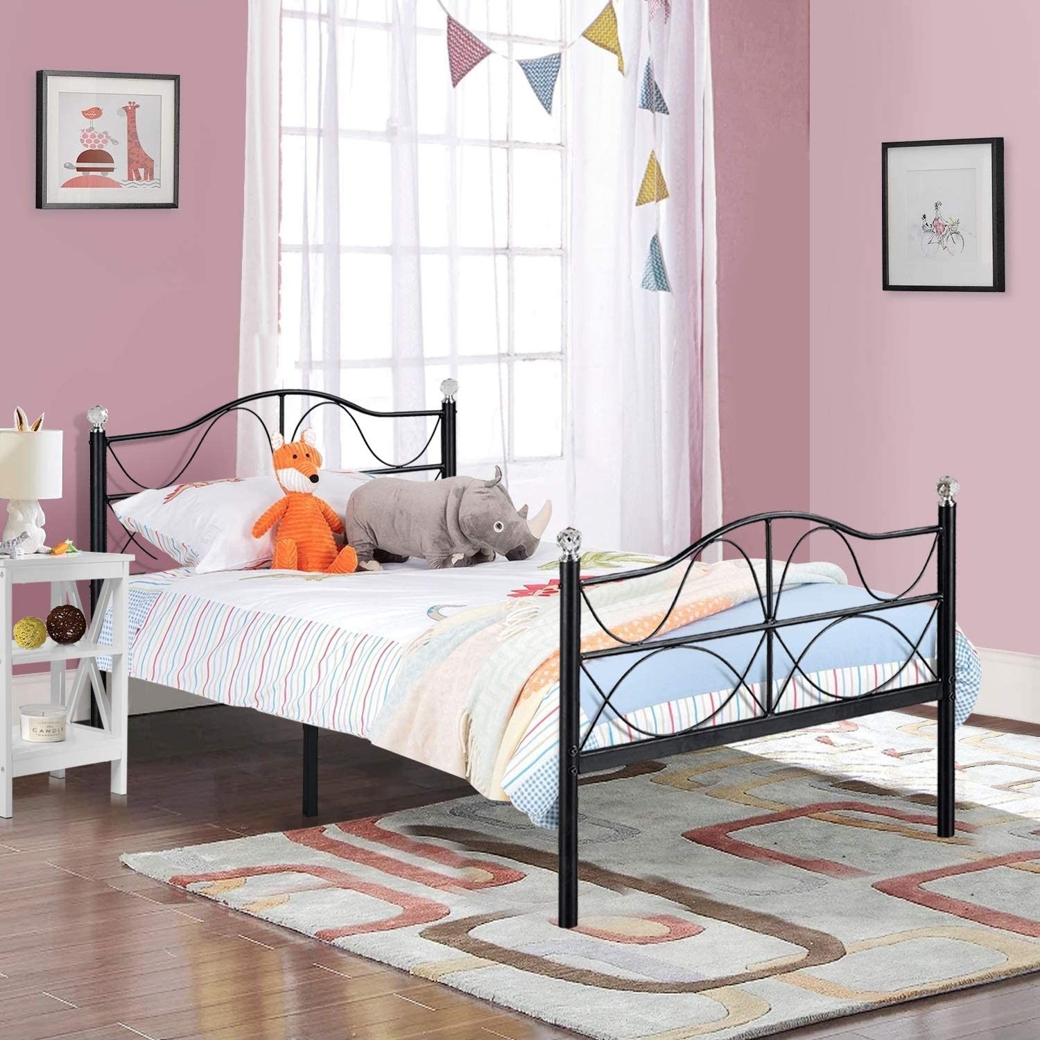 Twin, Full, Queen Size Bed Frame Metal Platform Mattress with Headboard, Deluxe Crystal Ball Stylish