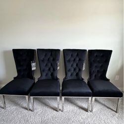 4 Velvet Upholstered Side Chairs with silver stainless steel frame, Black (Brand New)